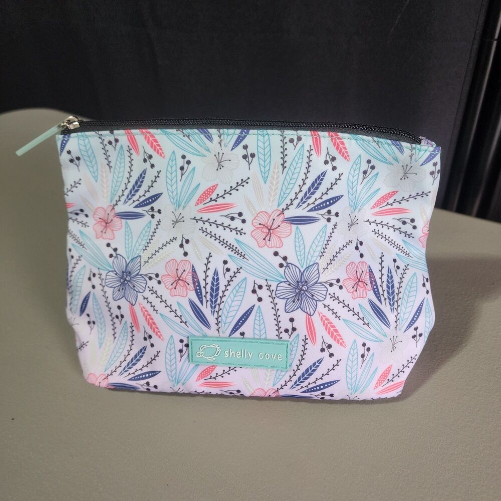 Shelly Cove Teal Pink Blue Floral Pouch Cosmetic Makeup Bag Zip Closure